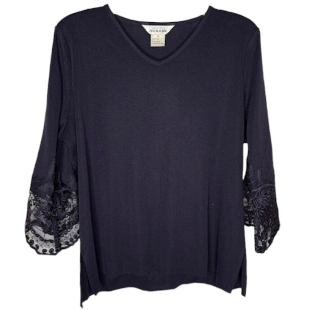 Exclusively Misook Lace-Tipped V-Neck Top - Deep Navy - XL